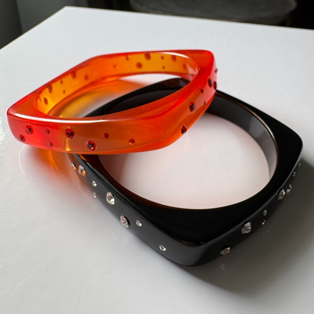 Vintage Art Deco Rounded Square Lucite Rhinestone Bangle Bracelets Black Orange
